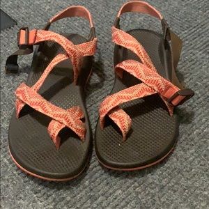 Pink and brown chacos